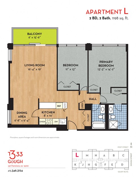 Floor plan for 2 beds, 2 baths, 1198 sqft